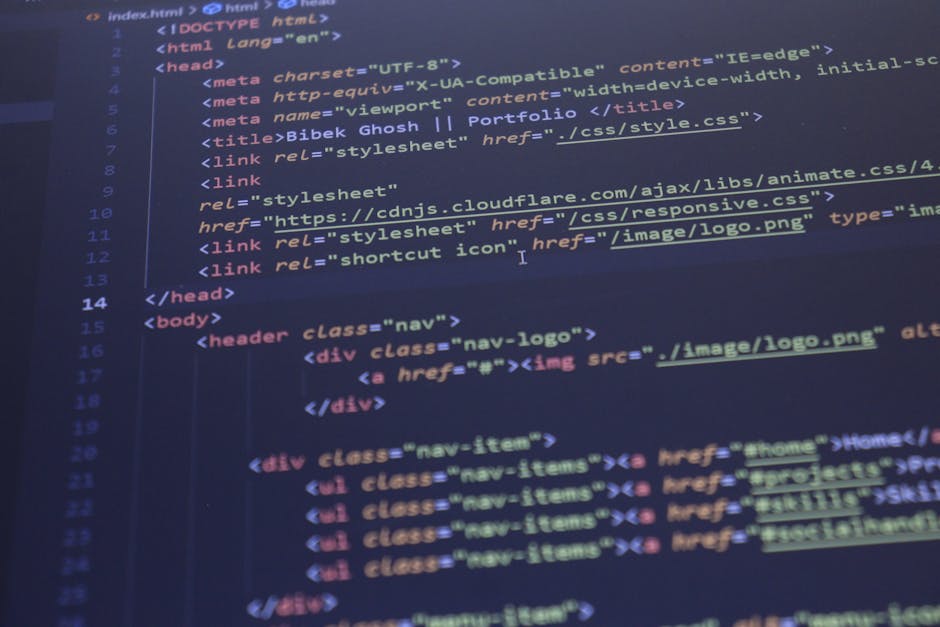 A close-up view of a computer screen displaying lines of web development code with multicolored syntax highlighting, including HTML tags, attributes, and file path references. The code features elemen